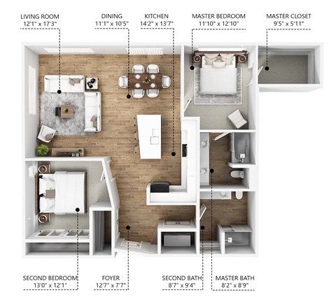 Floor plan for 2 beds, 2 baths, 1180 sqft